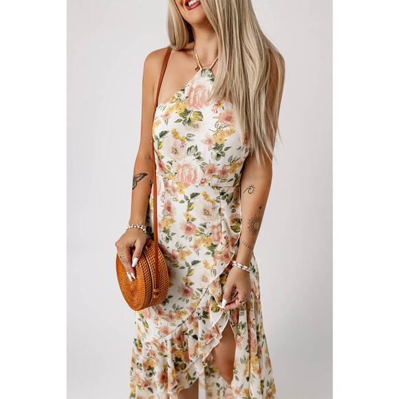Juliette Floral Maxi Dress Cream Halter Neck Flowy Ruffle Yellow Pink Size XL - Picture 3 of 10